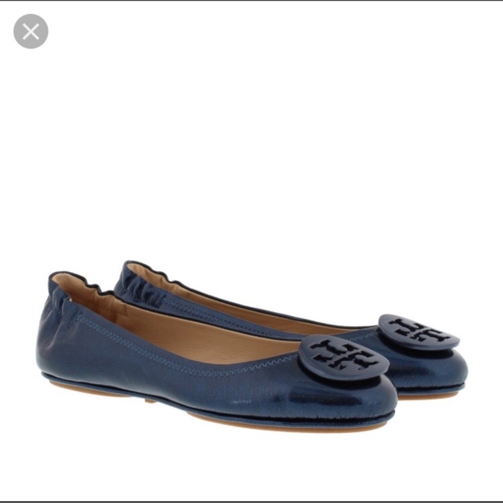 Tory Burch Navy Metallic Blue Minnie Flats Sz 6 NWOT